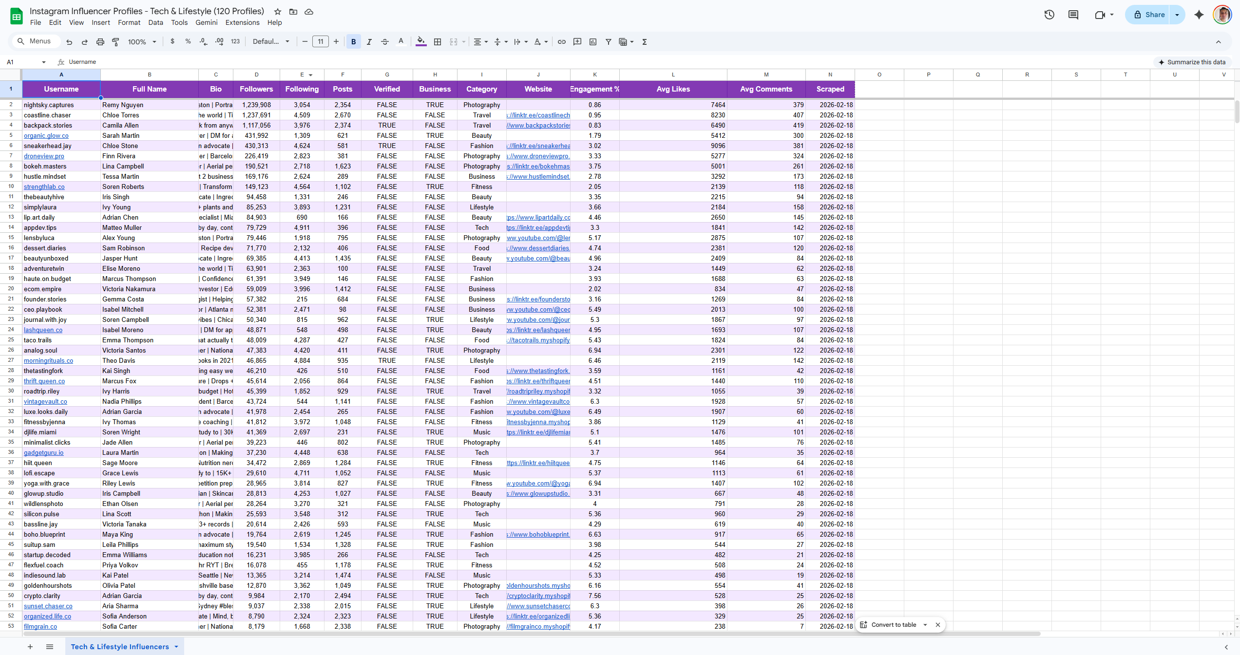 Instagram profile scraper results showing 120 influencer profiles with followers, engagement rates, and account types