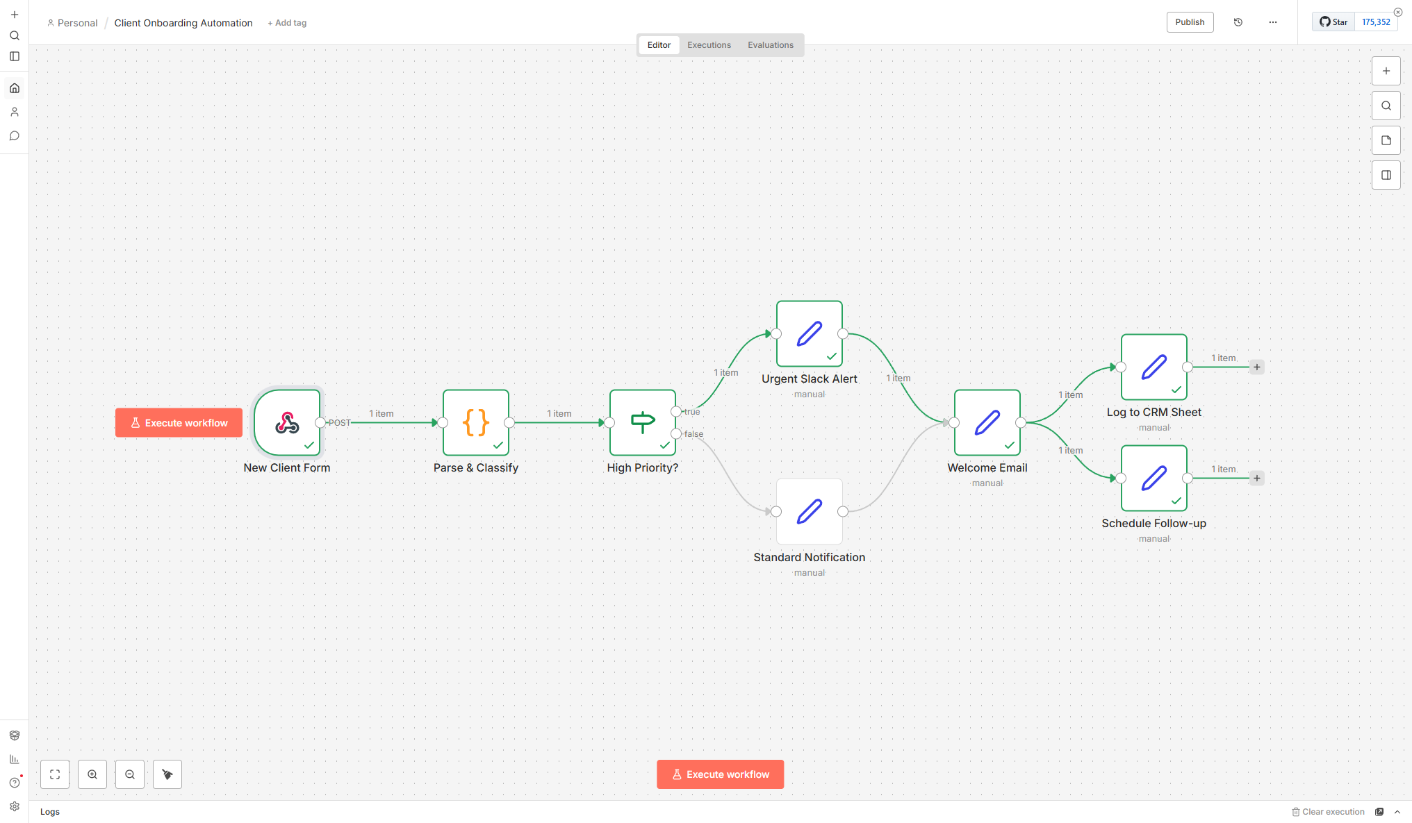 n8n workflow canvas showing an 8-node client onboarding pipeline with webhook intake, qualification scoring, and multi-channel notifications