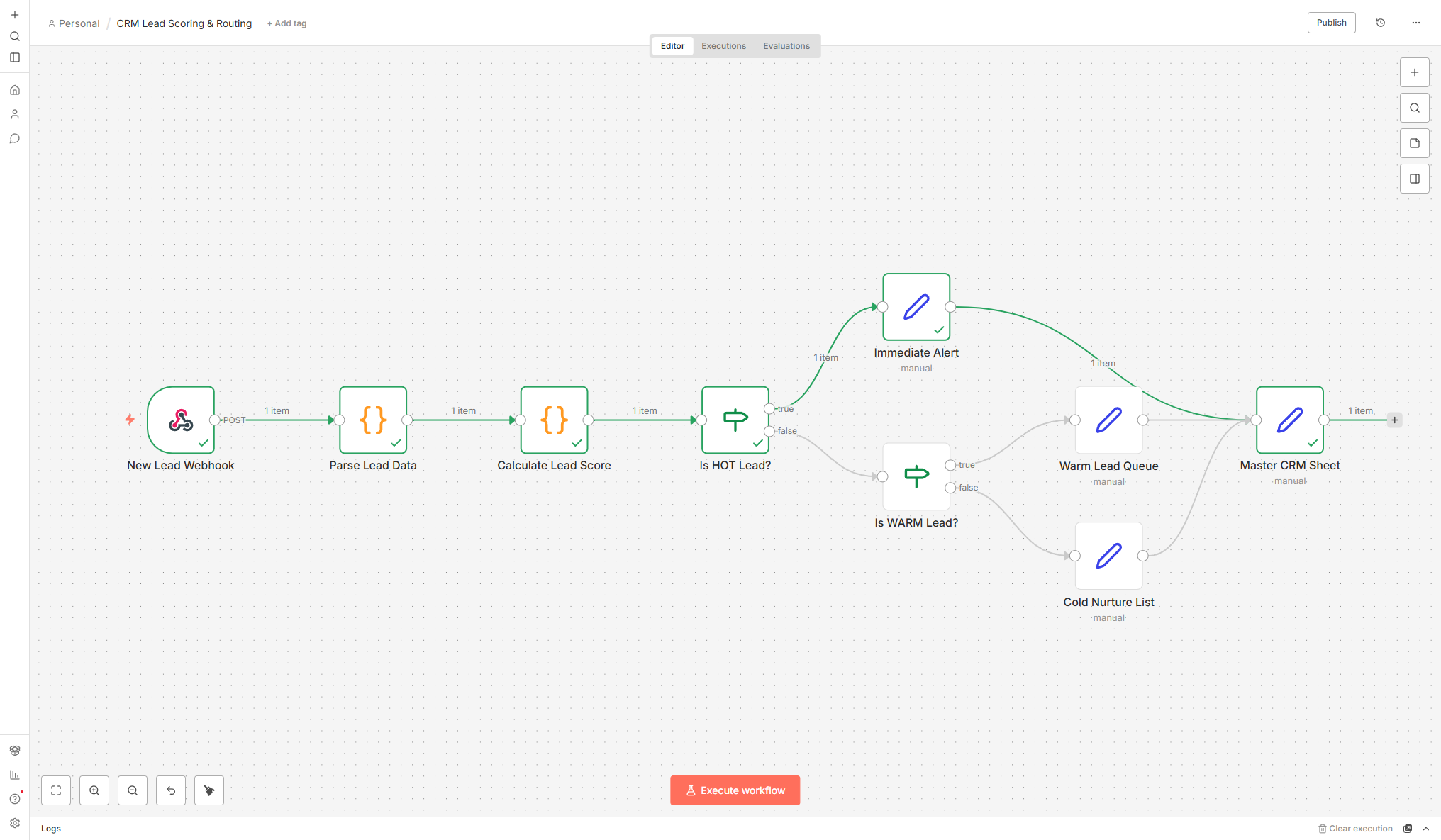 n8n workflow canvas showing a 9-node CRM lead scoring pipeline with multi-factor scoring, priority routing, and master CRM sheet logging